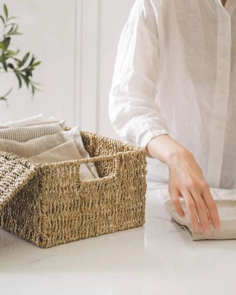Bahçem Dekoratif Natural Seagrass Kapaklı Dikdörtgen Hasır Sepet Düzenleyici 3'lü Set