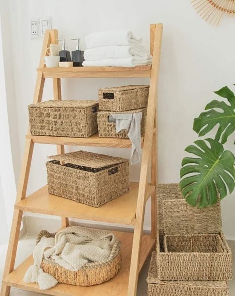 Bahçem Dekoratif Natural Seagrass Kapaklı Dikdörtgen Hasır Sepet Düzenleyici 3'lü Set