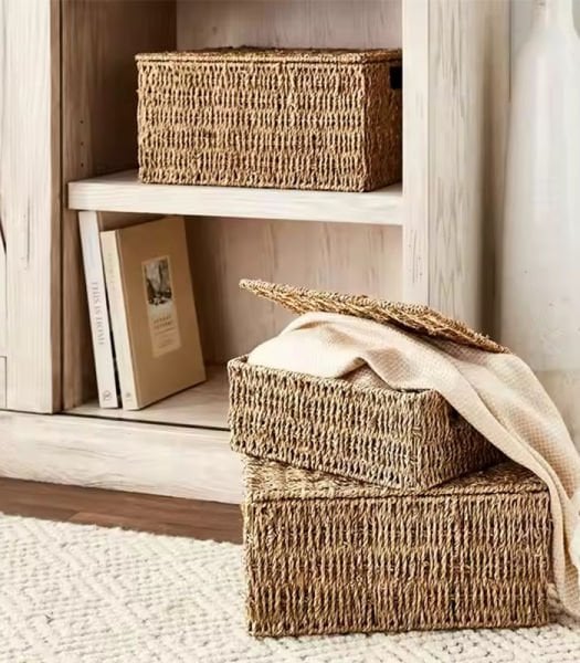Bahçem Dekoratif Natural Seagrass Kapaklı Dikdörtgen Hasır Sepet Düzenleyici 3'lü Set