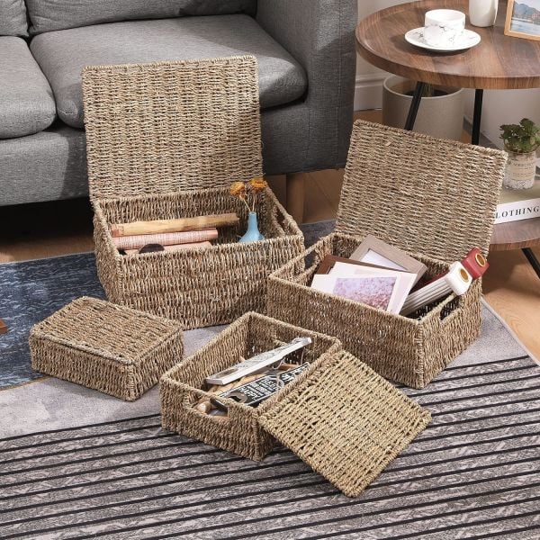 Bahçem Dekoratif Natural Seagrass Kapaklı Dikdörtgen Hasır Sepet Düzenleyici 3'lü Set