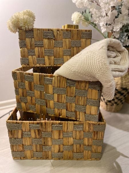 Bahçem Dekoratif Natural Seagrass Dikdörtgen Hasır Sepet Düzenleyici 3'lü Set