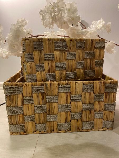 Bahçem Dekoratif Natural Seagrass Dikdörtgen Hasır Sepet Düzenleyici 3'lü Set