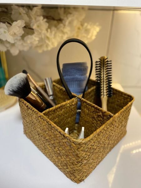 Bahçem Dekoratif Bambu Hasır Banyo Organizer / Kaşıklık / Dekoratif Obje 4 Bölmeli 20x20x11 Cm