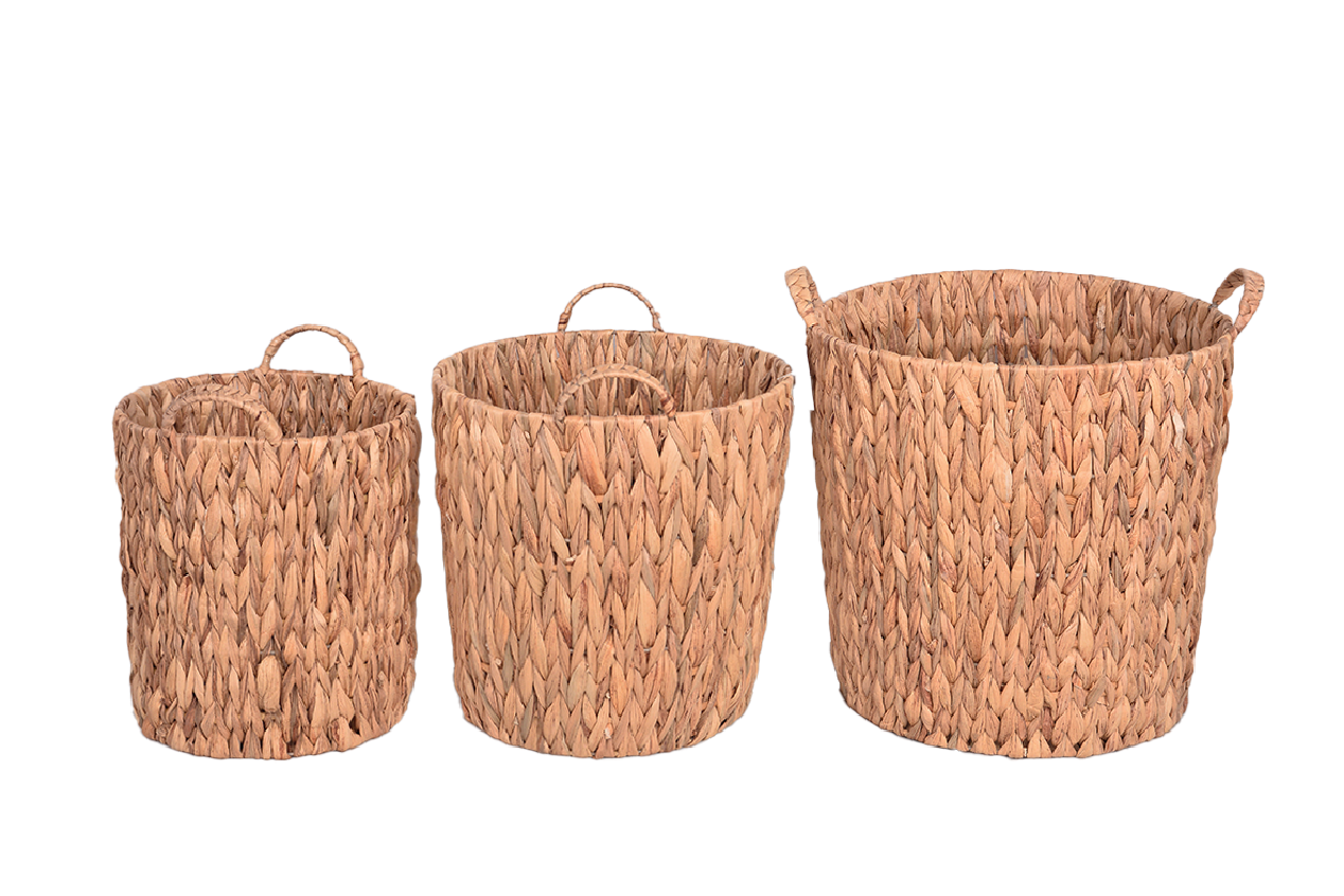 Bahçem Dekoratif Saklama Sepeti Hasır Rattan Water Hyacinth/Su Sümbülü Yuvarlak 3'Lü Takım Set