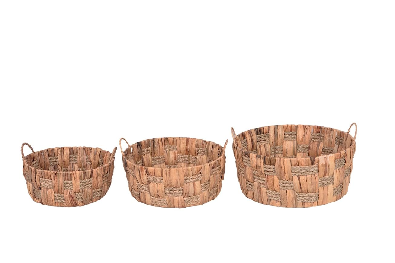 Bahçem Dekoratif Düzenleme Depolama Sepeti Hasır Water Hyacinth/Su Sümbülü Yuvarlak 3'Lü Takım Set