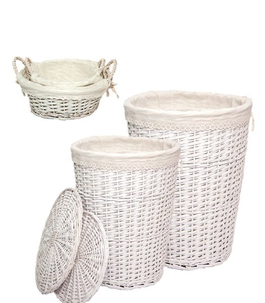 Bahçem Yuvarlak Kapaklı Beyaz Hasır 4'lü Set Kirli Çamaşır Sepeti Astarlı