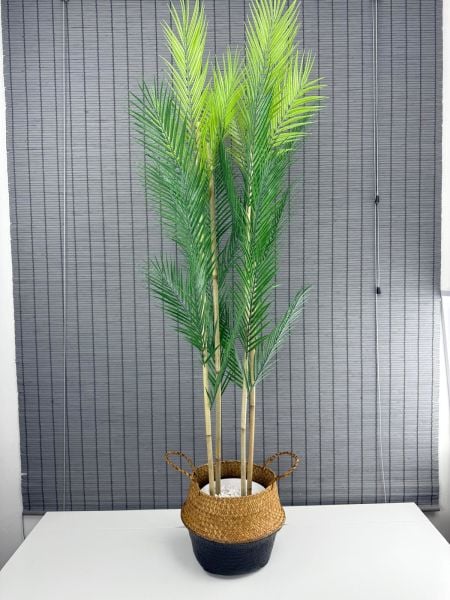 Bahçem Dekoratif Yapay Yapraklı Natural-Siyah Hasır Bambu Sepetli Areka Palmiye Ağacı 4 Gövde 150cm