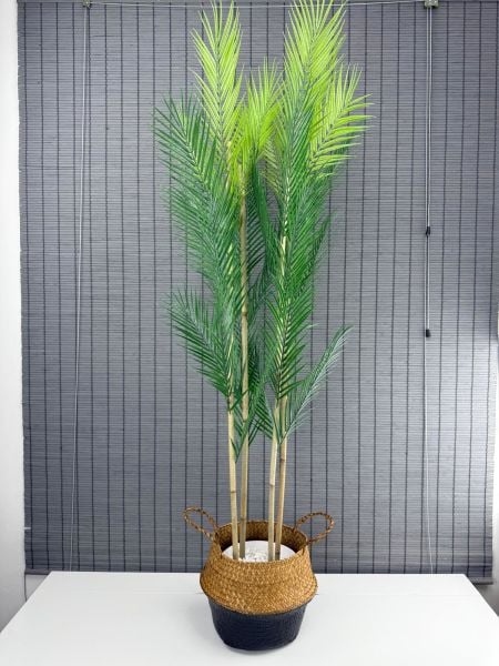 Bahçem Dekoratif Yapay Yapraklı Natural-Siyah Hasır Bambu Sepetli Areka Palmiye Ağacı 4 Gövde 150cm