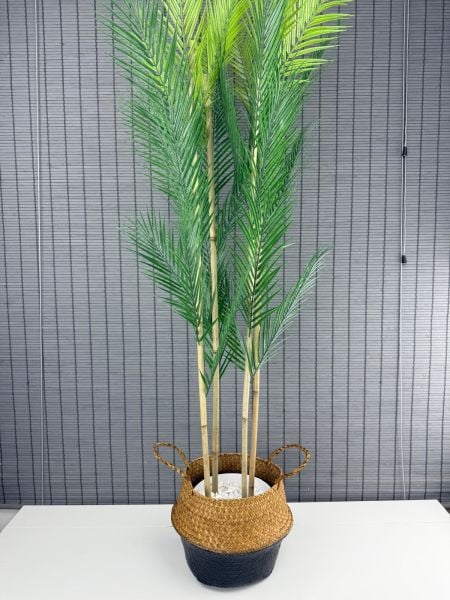 Bahçem Dekoratif Yapay Yapraklı Natural-Siyah Hasır Bambu Sepetli Areka Palmiye Ağacı 4 Gövde 150cm