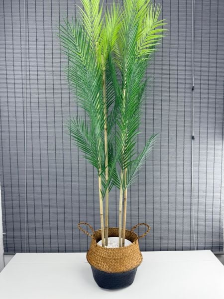 Bahçem Dekoratif Yapay Yapraklı Natural-Siyah Hasır Bambu Sepetli Areka Palmiye Ağacı 4 Gövde 150cm