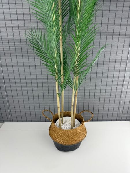 Bahçem Dekoratif Yapay Yapraklı Natural-Siyah Hasır Bambu Sepetli Areka Palmiye Ağacı 4 Gövde 150cm