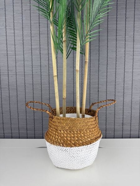 Bahçem Dekoratif Yapay Yapraklı Natural-Beyaz Hasır Bambu Sepetli Areka Palmiye Ağacı 4 Gövde 150cm