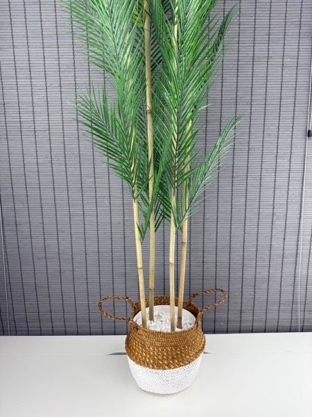 Bahçem Dekoratif Yapay Yapraklı Natural-Beyaz Hasır Bambu Sepetli Areka Palmiye Ağacı 4 Gövde 150cm