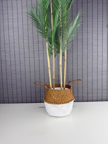 Bahçem Dekoratif Yapay Yapraklı Natural-Beyaz Hasır Bambu Sepetli Areka Palmiye Ağacı 4 Gövde 150cm