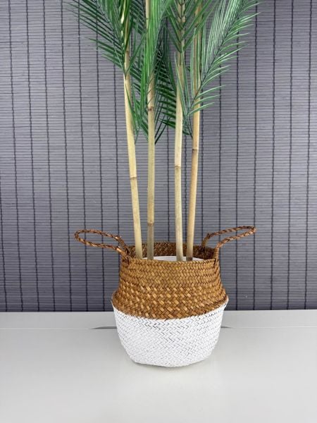 Bahçem Dekoratif Yapay Yapraklı Natural-Beyaz Hasır Bambu Sepetli Areka Palmiye Ağacı 4 Gövde 150cm