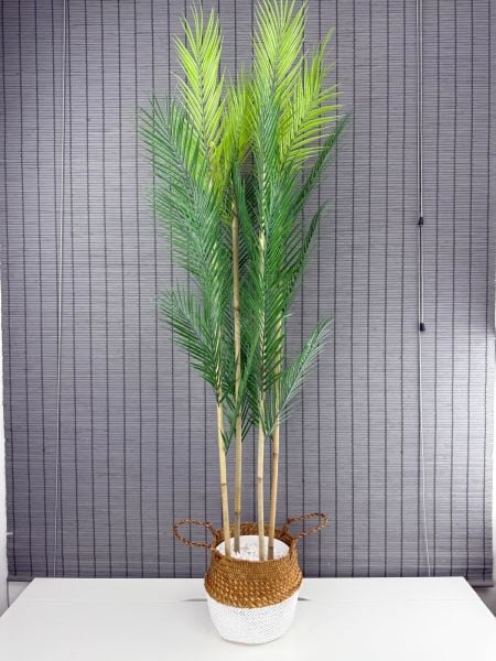Bahçem Dekoratif Yapay Yapraklı Natural-Beyaz Hasır Bambu Sepetli Areka Palmiye Ağacı 4 Gövde 150cm