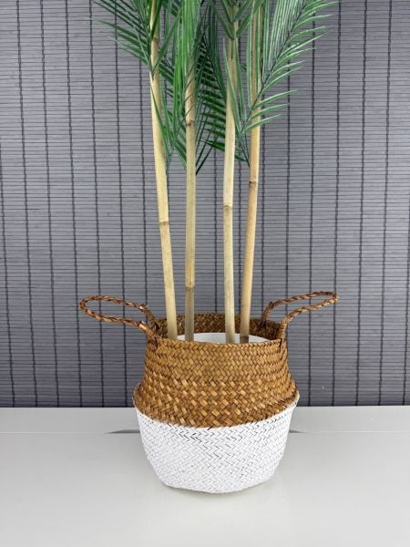 Bahçem Dekoratif Yapay Yapraklı Natural-Beyaz Hasır Bambu Sepetli Areka Palmiye Ağacı 4 Gövde 150cm