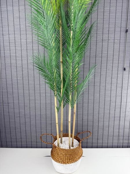 Bahçem Dekoratif Yapay Yapraklı Natural-Beyaz Hasır Bambu Sepetli Areka Palmiye Ağacı 4 Gövde 150cm