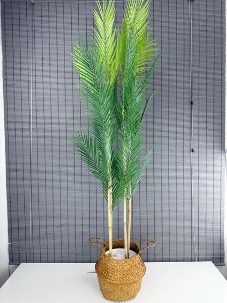 Bahçem Dekoratif Yapay Yapraklı Natural Hasır Bambu Sepetli Areka Palmiye Ağacı 4 Gövde 150cm