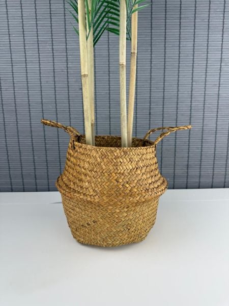 Bahçem Dekoratif Yapay Yapraklı Natural Hasır Bambu Sepetli Areka Palmiye Ağacı 4 Gövde 150cm