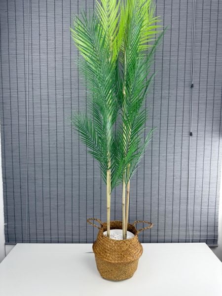Bahçem Dekoratif Yapay Yapraklı Natural Hasır Bambu Sepetli Areka Palmiye Ağacı 4 Gövde 150cm