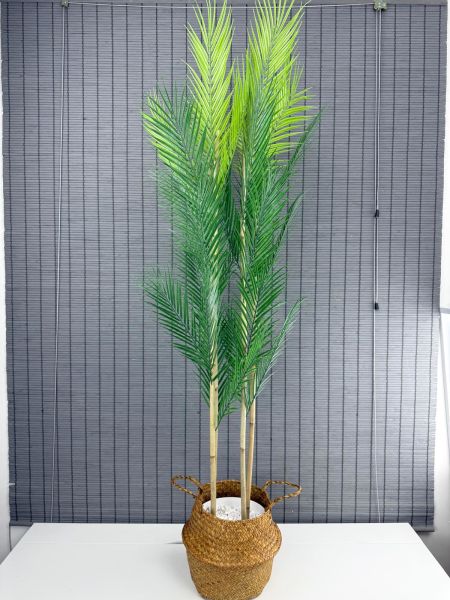 Bahçem Dekoratif Yapay Yapraklı Natural Hasır Bambu Sepetli Areka Palmiye Ağacı 4 Gövde 150cm