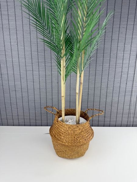 Bahçem Dekoratif Yapay Yapraklı Natural Hasır Bambu Sepetli Areka Palmiye Ağacı 4 Gövde 150cm