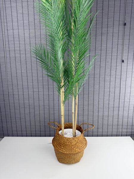 Bahçem Dekoratif Yapay Yapraklı Natural Hasır Bambu Sepetli Areka Palmiye Ağacı 4 Gövde 150cm