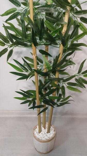 Bahçem Dekoratif Pwc Rattan Saksılı Ahsap Detaylı Yapay Yoğun Yapraklı Dekoratif Bambu Ağacı 3 Gövde 110cm