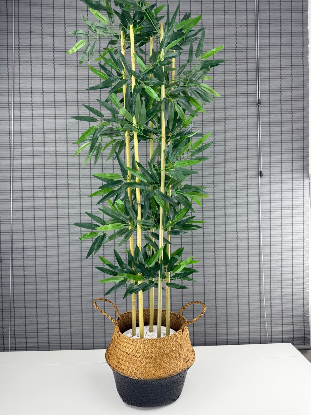 Bahçem Dekoratif Yapay Yapraklı 160cm 5 Gövde Katlanır Natural-Siyah Hasır Bambu Sepetli Bambu Ağacı