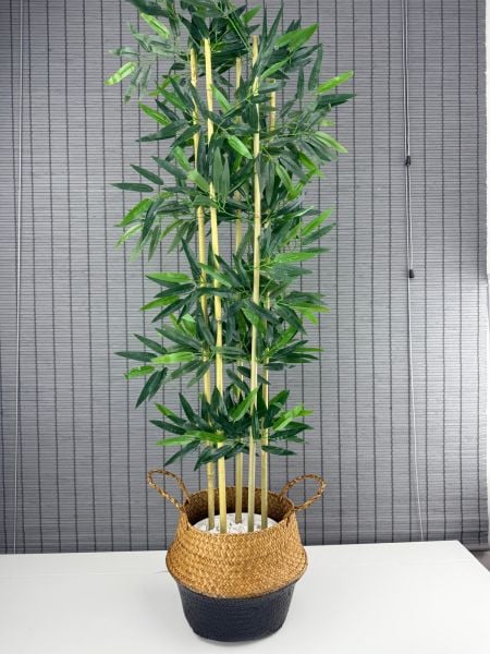 Bahçem Dekoratif Yapay Yapraklı 160cm 5 Gövde Katlanır Natural-Siyah Hasır Bambu Sepetli Bambu Ağacı