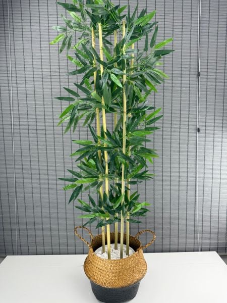 Bahçem Dekoratif Yapay Yapraklı 160cm 5 Gövde Katlanır Natural-Siyah Hasır Bambu Sepetli Bambu Ağacı