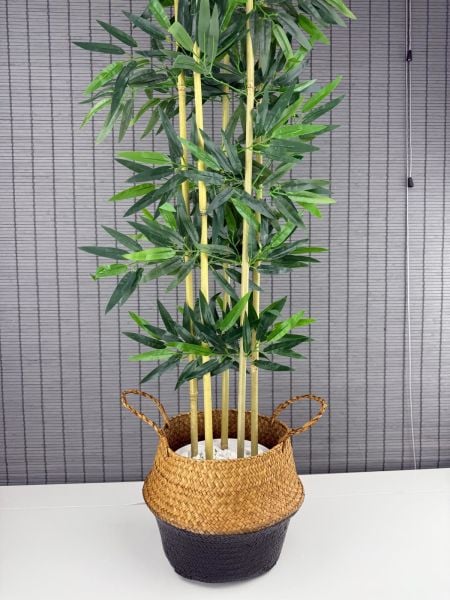 Bahçem Dekoratif Yapay Yapraklı 160cm 5 Gövde Katlanır Natural-Siyah Hasır Bambu Sepetli Bambu Ağacı