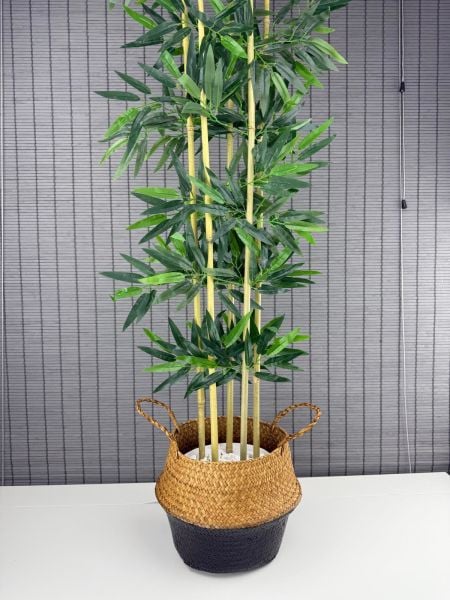 Bahçem Dekoratif Yapay Yapraklı 160cm 5 Gövde Katlanır Natural-Siyah Hasır Bambu Sepetli Bambu Ağacı