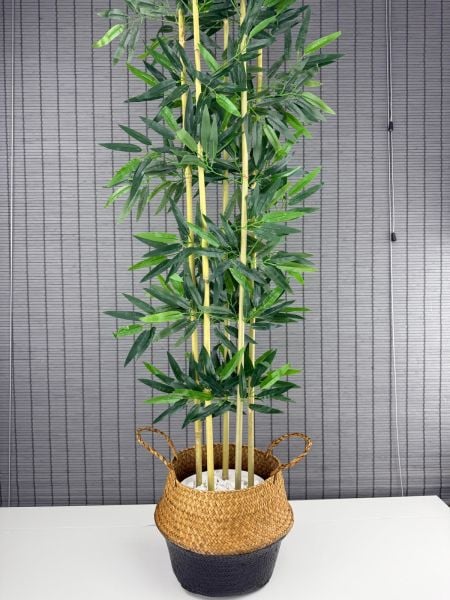 Bahçem Dekoratif Yapay Yapraklı 160cm 5 Gövde Katlanır Natural-Siyah Hasır Bambu Sepetli Bambu Ağacı