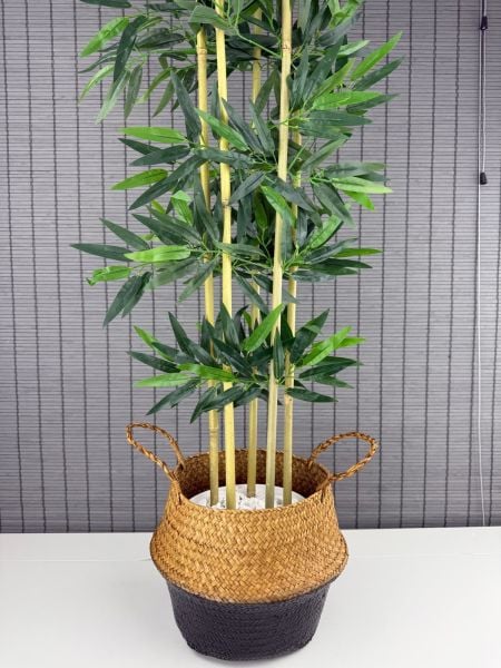 Bahçem Dekoratif Yapay Yapraklı 160cm 5 Gövde Katlanır Natural-Siyah Hasır Bambu Sepetli Bambu Ağacı