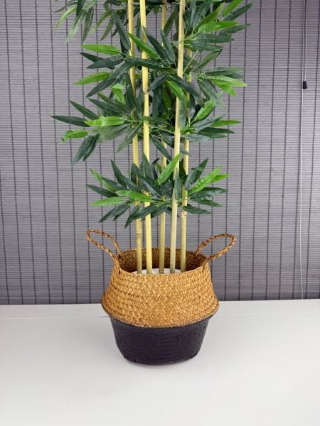 Bahçem Dekoratif Yapay Yapraklı 160cm 5 Gövde Katlanır Natural-Siyah Hasır Bambu Sepetli Bambu Ağacı