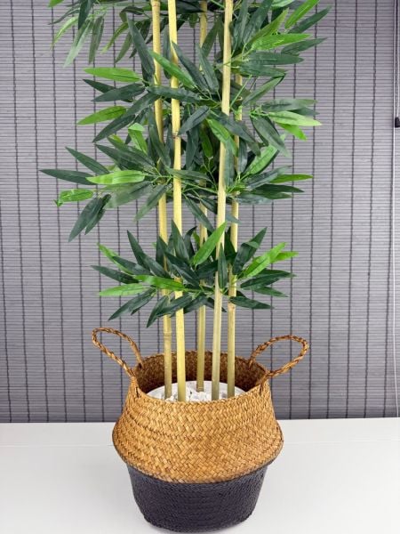 Bahçem Dekoratif Yapay Yapraklı 160cm 5 Gövde Katlanır Natural-Siyah Hasır Bambu Sepetli Bambu Ağacı