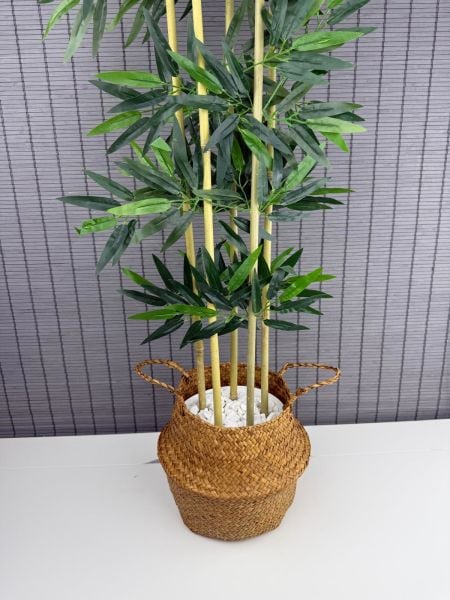 Bahçem Dekoratif Yapay Yapraklı 160cm 5 Gövde Katlanır Natural Hasır Bambu Sepetli Bambu Ağacı
