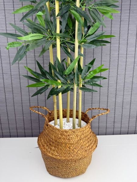Bahçem Dekoratif Yapay Yapraklı 160cm 5 Gövde Katlanır Natural Hasır Bambu Sepetli Bambu Ağacı