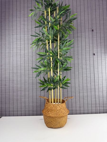 Bahçem Dekoratif Yapay Yapraklı 160cm 5 Gövde Katlanır Natural Hasır Bambu Sepetli Bambu Ağacı