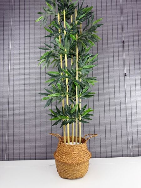 Bahçem Dekoratif Yapay Yapraklı 160cm 5 Gövde Katlanır Natural Hasır Bambu Sepetli Bambu Ağacı