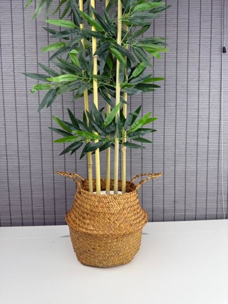 Bahçem Dekoratif Yapay Yapraklı 160cm 5 Gövde Katlanır Natural Hasır Bambu Sepetli Bambu Ağacı