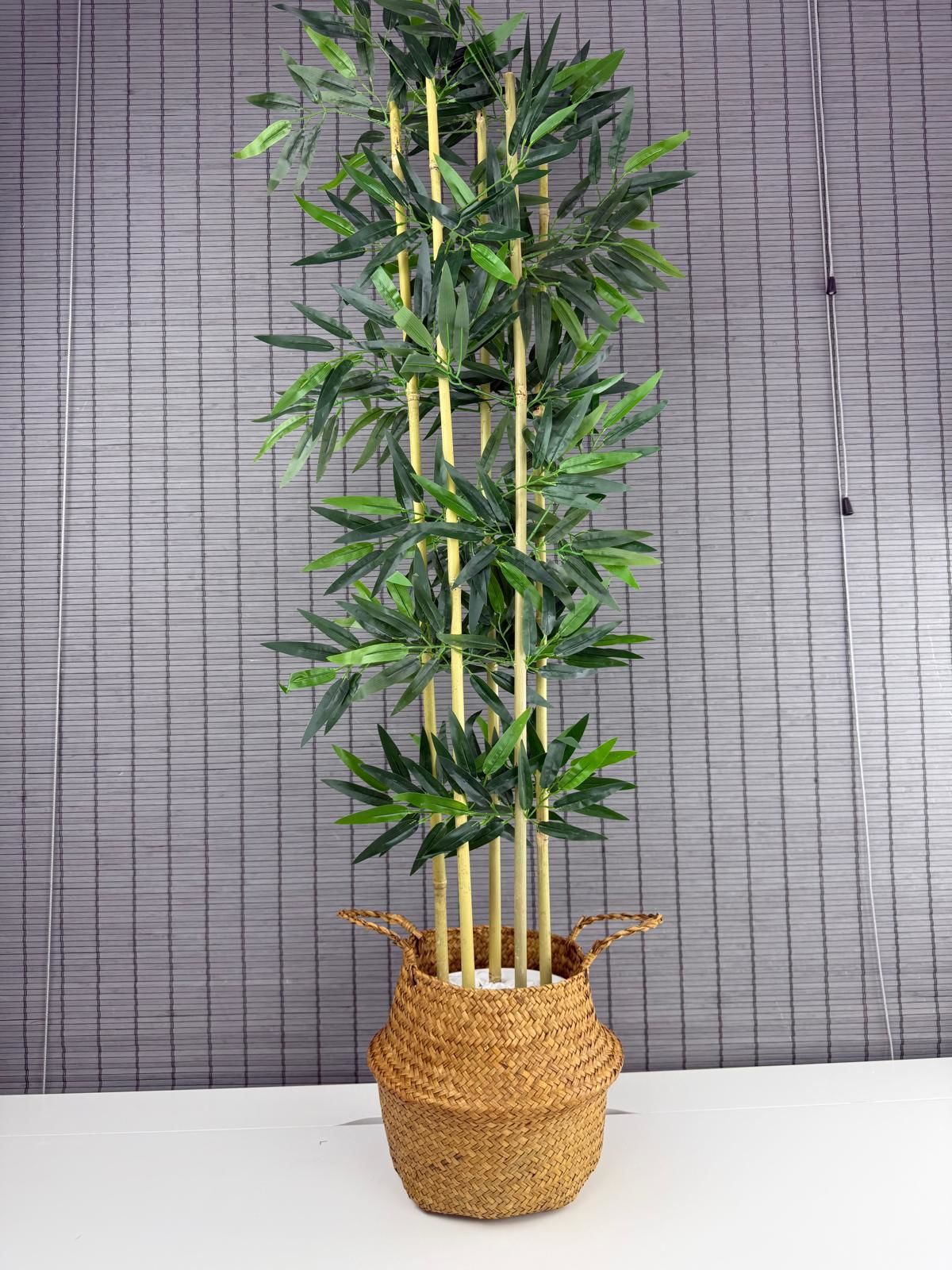 Bahçem Dekoratif Yapay Yapraklı 160cm 5 Gövde Katlanır Natural Hasır Bambu Sepetli Bambu Ağacı