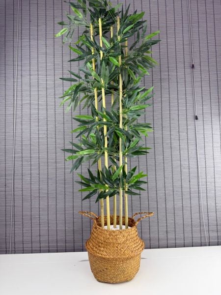 Bahçem Dekoratif Yapay Yapraklı 160cm 5 Gövde Katlanır Natural Hasır Bambu Sepetli Bambu Ağacı