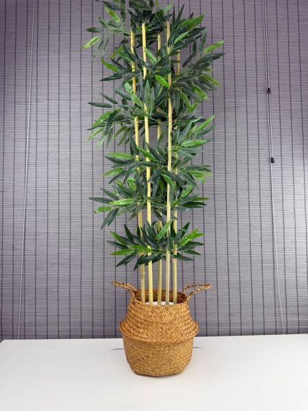 Bahçem Dekoratif Yapay Yapraklı 160cm 5 Gövde Katlanır Natural Hasır Bambu Sepetli Bambu Ağacı