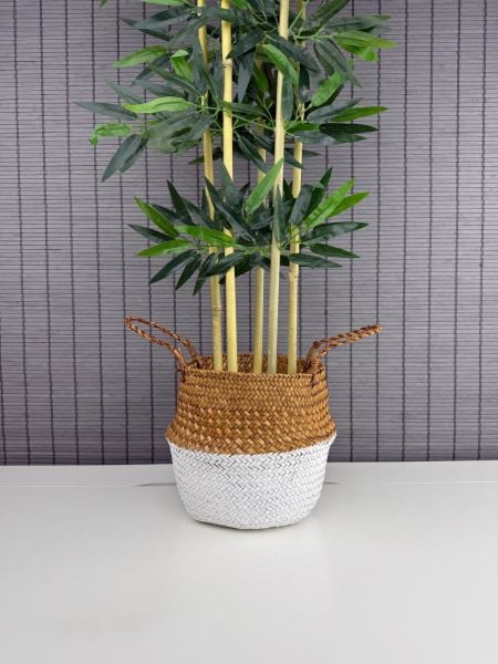 Bahçem Dekoratif Yapay Yapraklı 160cm 5 Gövde Katlanır Natural-Beyaz Hasır Bambu Sepetli Bambu Ağacı