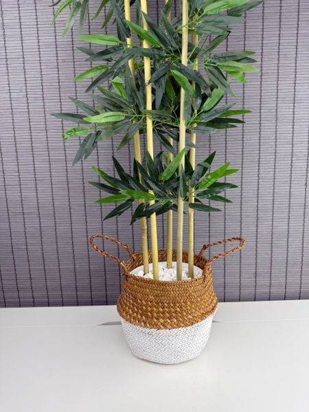 Bahçem Dekoratif Yapay Yapraklı 160cm 5 Gövde Katlanır Natural-Beyaz Hasır Bambu Sepetli Bambu Ağacı