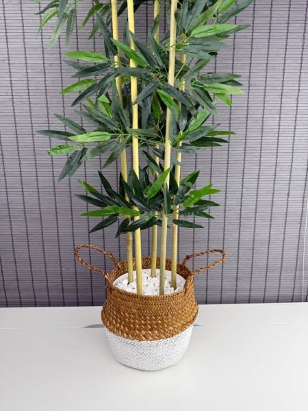 Bahçem Dekoratif Yapay Yapraklı 160cm 5 Gövde Katlanır Natural-Beyaz Hasır Bambu Sepetli Bambu Ağacı
