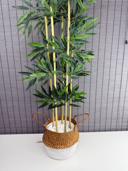 Bahçem Dekoratif Yapay Yapraklı 160cm 5 Gövde Katlanır Natural-Beyaz Hasır Bambu Sepetli Bambu Ağacı